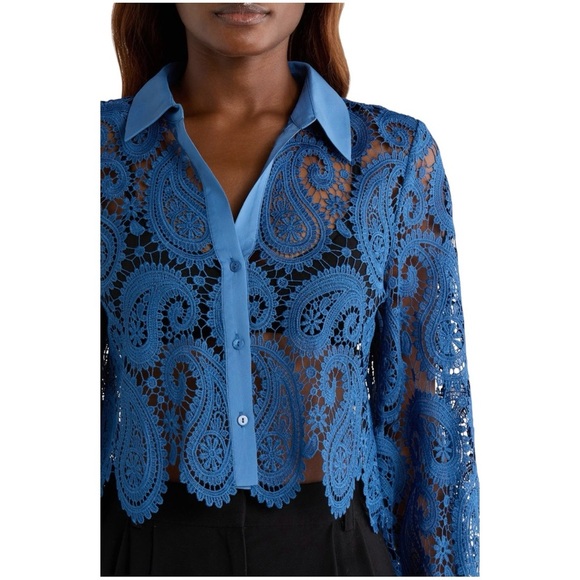 L'AGENCE Odelia Lace Crop Button-Up Shirt Loose Fit Long Sleeve Blouse Top NEW - Picture 6 of 15